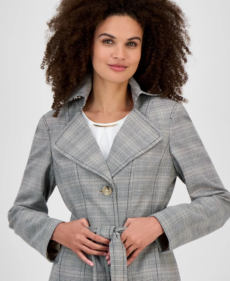 Kasper Plaid Belted Trench Coat, Regular & Petite