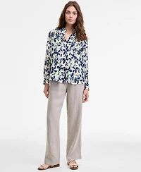 Charter Club Women's Floral-Print Roll-Tab 100% Linen Shirt, Macy's Exclusive