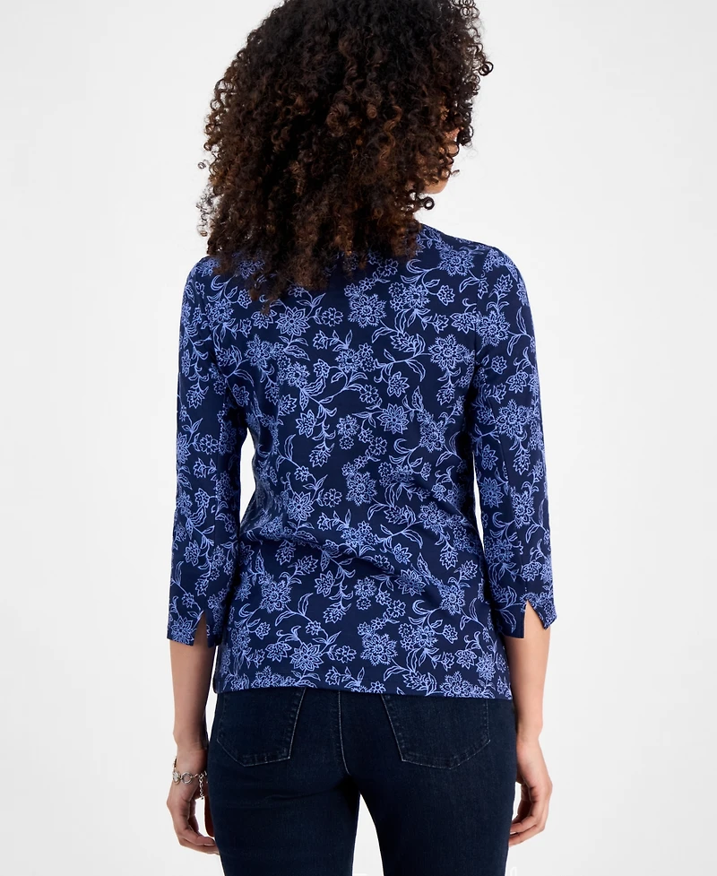 Style & Co Petite Cotton Floral 3/4-Sleeve Boat-Neck Top, Macy's Exclusive