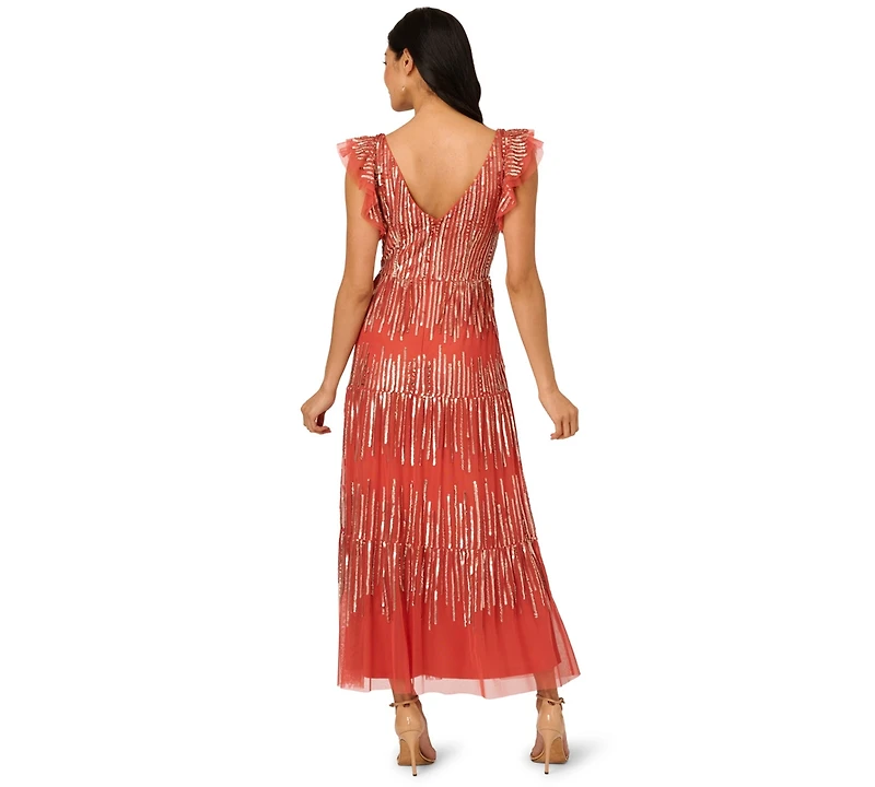 Adrianna Papell Women's Beaded Mesh Tiered Midi Dress