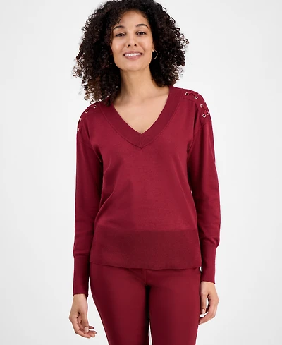 Jm Collection Petite Lace-Up Shoulder V-Neck Sweater, Macy's Exclusive