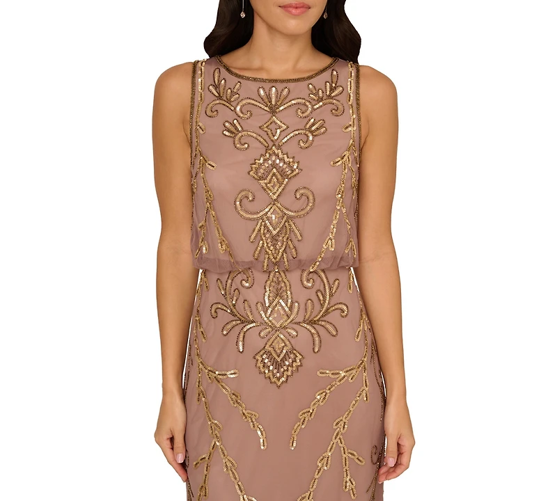 Adrianna Papell Women's Beaded Blouson Sleeveless Long Dress