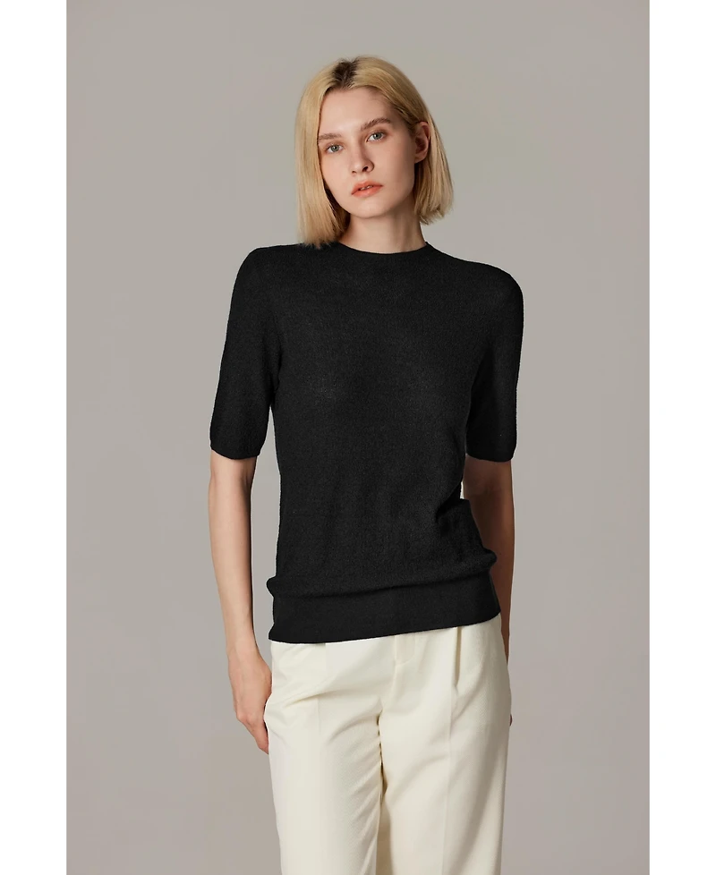 Jennie Liu Women's Funnel Neck Short Sleeve Sweater | 75% Merino Wool 25% Silk Ultra Soft Fine-gauge Knit Top Machine Washable