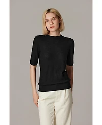 Jennie Liu Women's Funnel Neck Short Sleeve Sweater | 75% Merino Wool 25% Silk Ultra Soft Fine-gauge Knit Top Machine Washable