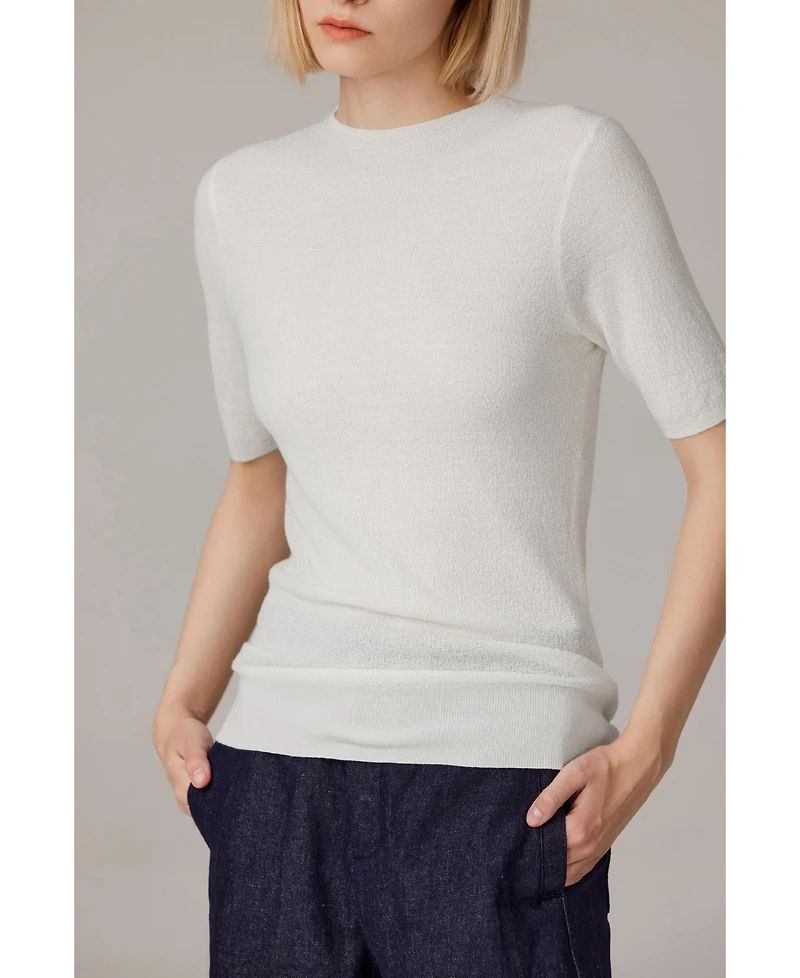 Jennie Liu Women's Funnel Neck Short Sleeve Sweater | 75% Merino Wool 25% Silk Ultra Soft Fine-gauge Knit Top Machine Washable