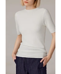 Jennie Liu Women's Funnel Neck Short Sleeve Sweater | 75% Merino Wool 25% Silk Ultra Soft Fine-gauge Knit Top Machine Washable