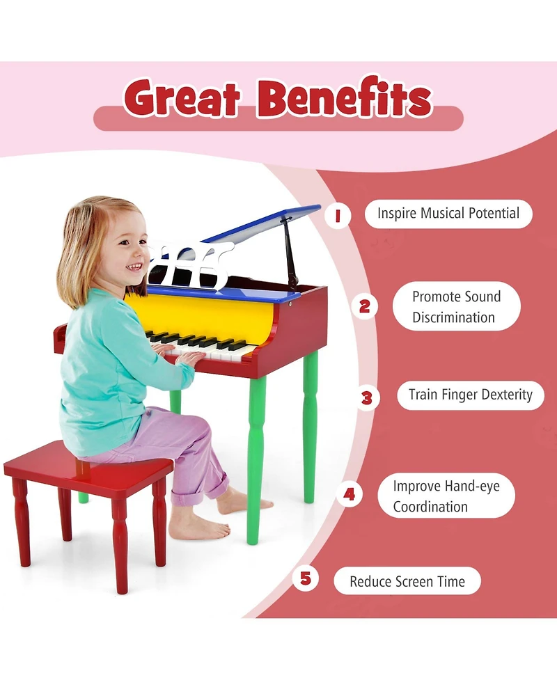 30-Key Wood Toy Kids Grand Piano with Bench and Music Rack