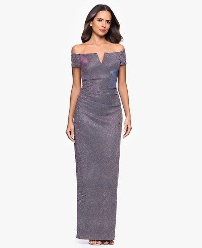 Xscape Women's Glitter Off-The-Shoulder Long Sheath Dress