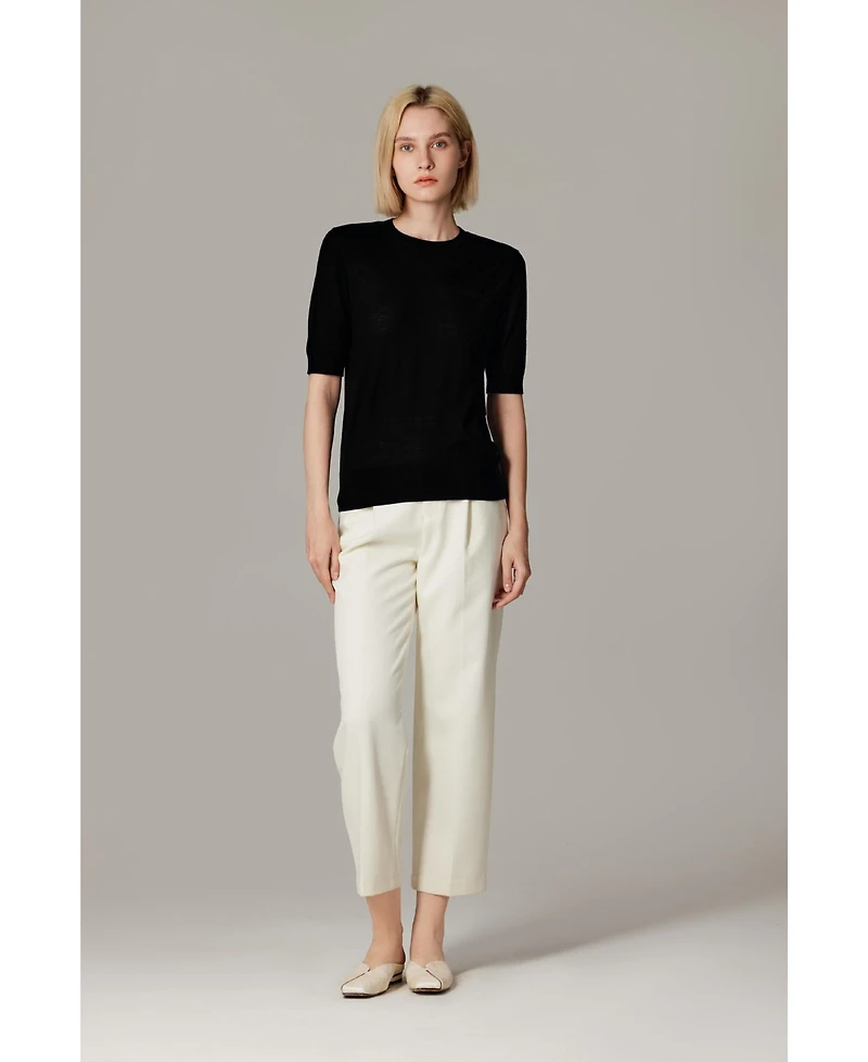 Jennie Liu Women's Tissue Weight 75% Merino Wool 25% Silk Crew Neck Short Sleeve T Shirt Sweater | Ultra Soft Machine-Washable Sweaters