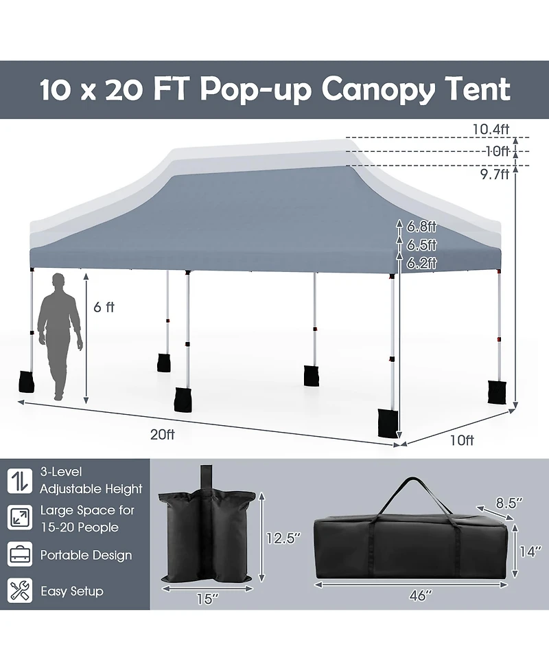 Gymax 10 x 20FT Pop-up Canopy Tent Folding Instant Sun Shelter w/ 3 Adjustable Heights