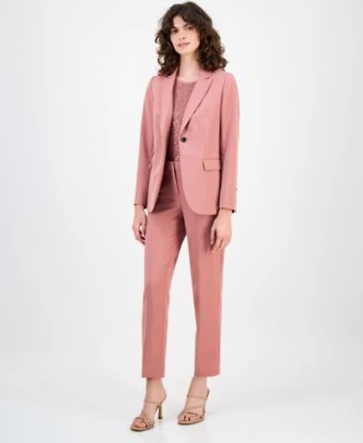 Anne Klein Womens Triple Pocket Single Button Stretch Twill Jacket Sequined Short Sleeve Triple Mesh Top Solid Straight Leg Stretch Twill Ankle Pants