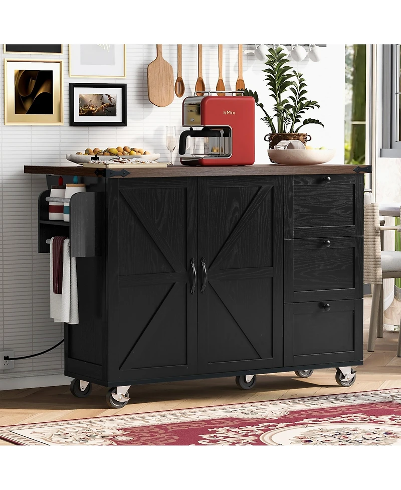 Casainc 54.5" Farmhouse Kitchen Island with Power Outlet, Drop Leaf, Spice Rack and Storage