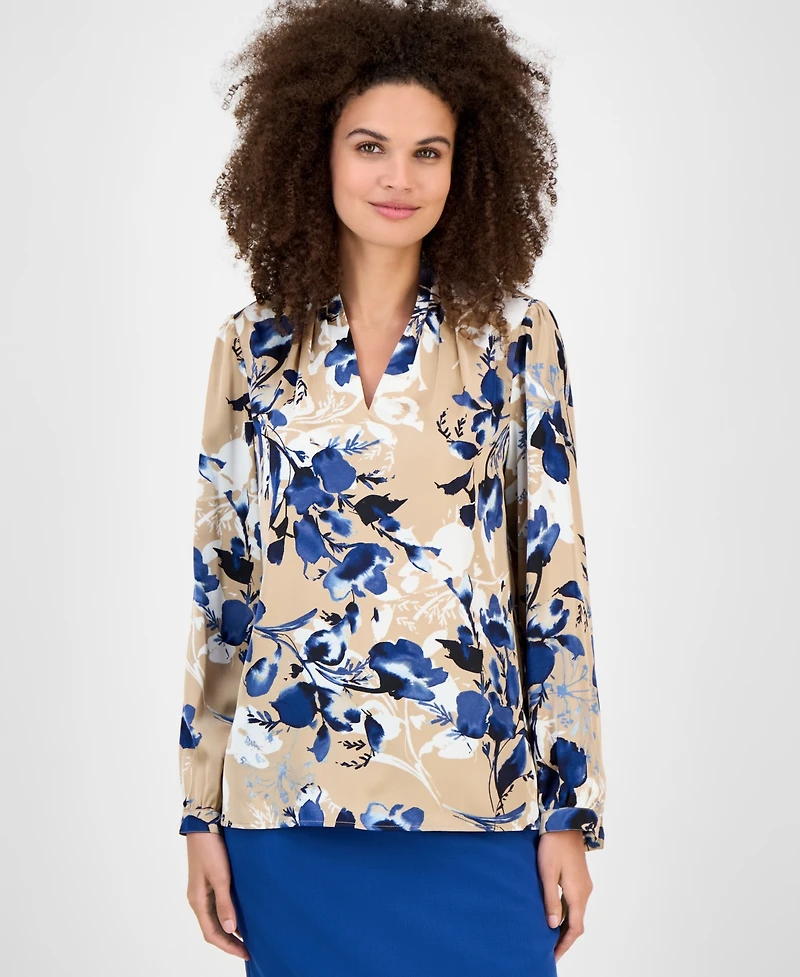 Kasper Floral-Print V-Neck Long-Sleeve Top, Regular & Petite
