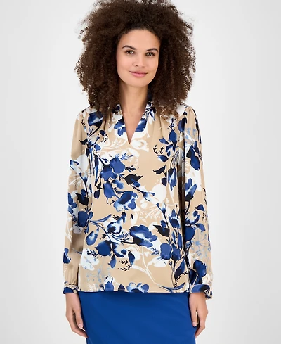 Kasper Floral-Print V-Neck Long-Sleeve Top, Regular & Petite