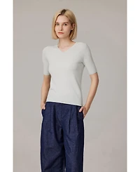 Jennie Liu Women's Merino Wool Lurex Sweater | Shimmer Fine gauge V-Neck Short Sleeve Top Machine Washable Pullover