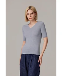Jennie Liu Women's Merino Wool Lurex Sweater | Shimmer Fine gauge V-Neck Short Sleeve Top Machine Washable Pullover