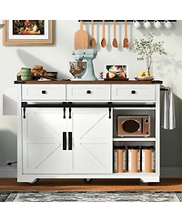 Casainc 53.7" Rolling Kitchen Cart with Barn Doors, Drop Leaf, Power Outlet and Spice Rack (No Stools)
