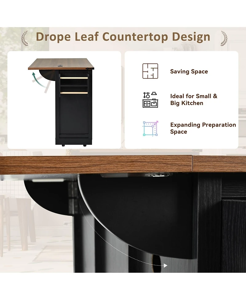 Casainc 53.7" Rolling Kitchen Cart with Barn Doors, Drop Leaf, Power Outlet and Spice Rack (No Stools)