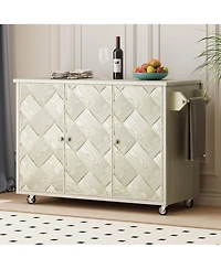 Casainc 51.2" Solid Wood Kitchen Island with Drop Leaf, Handwoven Finish, Storage and Wheels