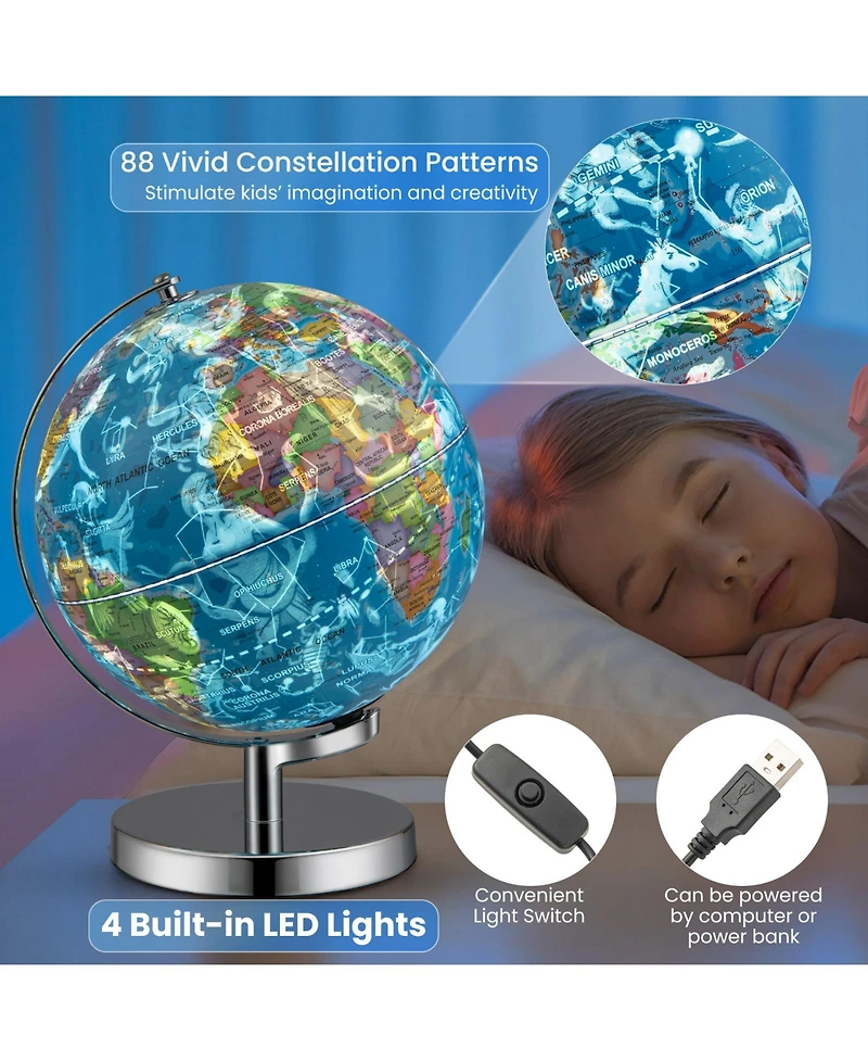 3-in-1 Illuminated World Globe with Stand and 88 Constellations