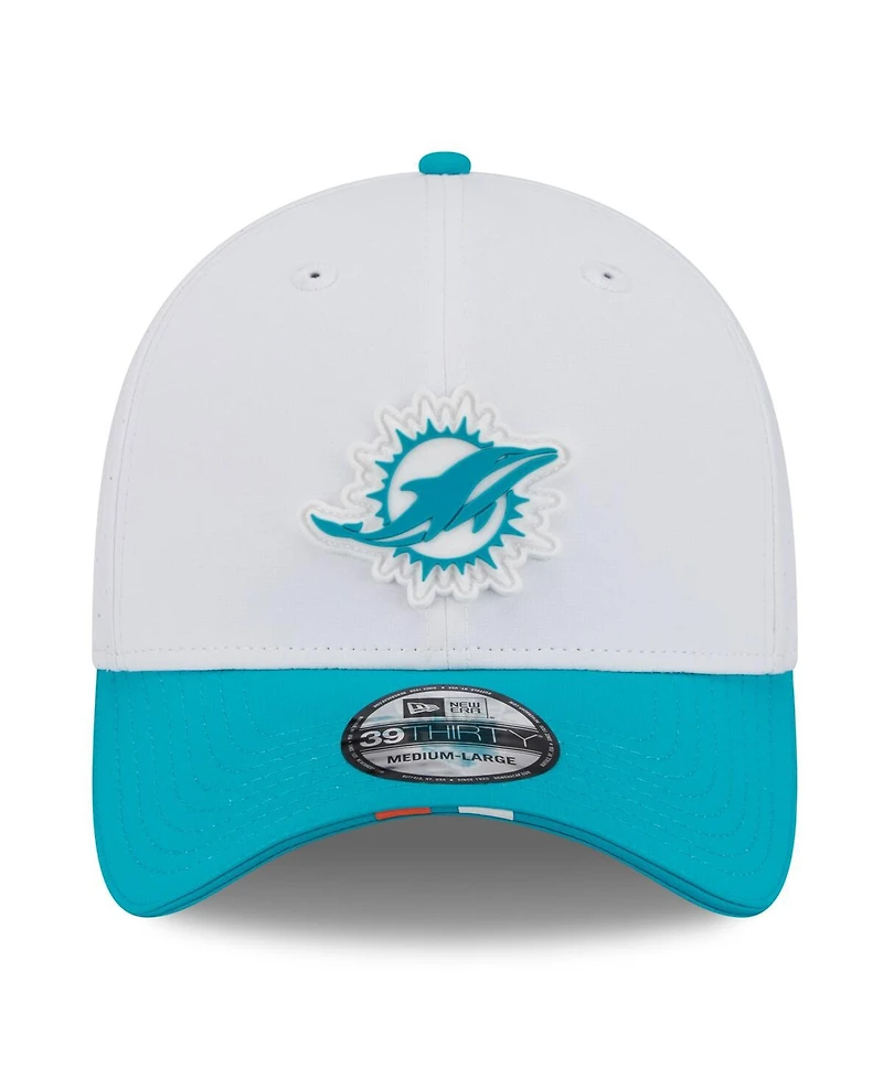 New Era Men's White/Aqua Miami Dolphins 2025 Nfl Training Camp 39THIRTY Flex Hat