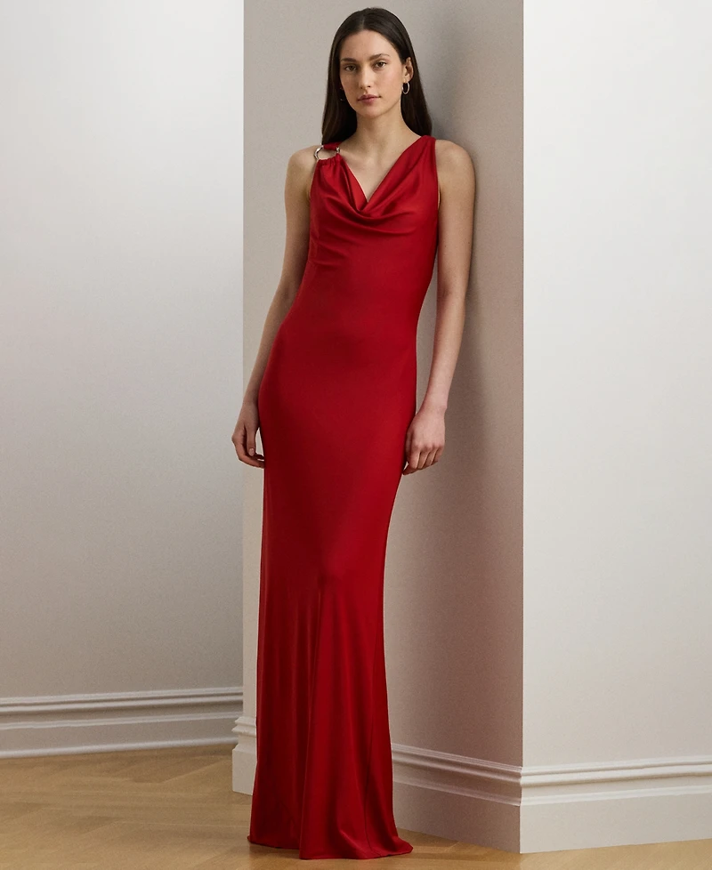 Lauren Ralph Women's Ring-Trim Jersey Cowlneck Gown