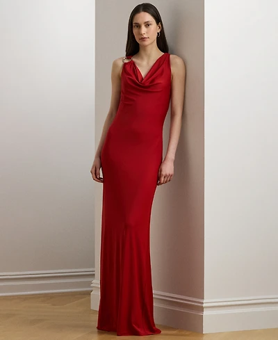 Lauren Ralph Women's Ring-Trim Jersey Cowlneck Gown