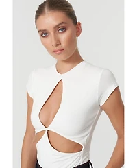 Jendue Women's Cutout Detailed White Basic T-Shirt