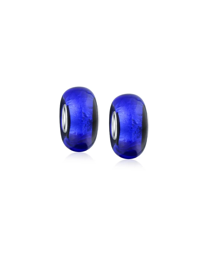 Bling Jewelry Set of 2 Navy Blue Foil Murano Glass Glass Charm Bead with Sterling Silver Core
