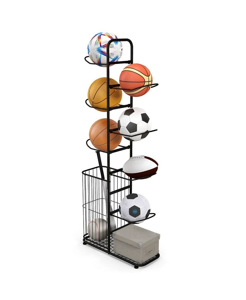 Metal Basketball Holder with 7 Removable Hanging Rods and Side Ball Basket