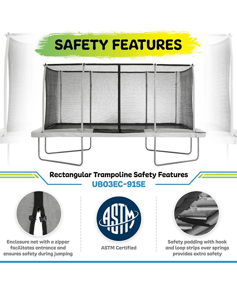 Plexalife 9' X 15' Gymnastics Style, Rectangular Trampoline Set with Premium Top-Ring Enclosure System - Beige/Black