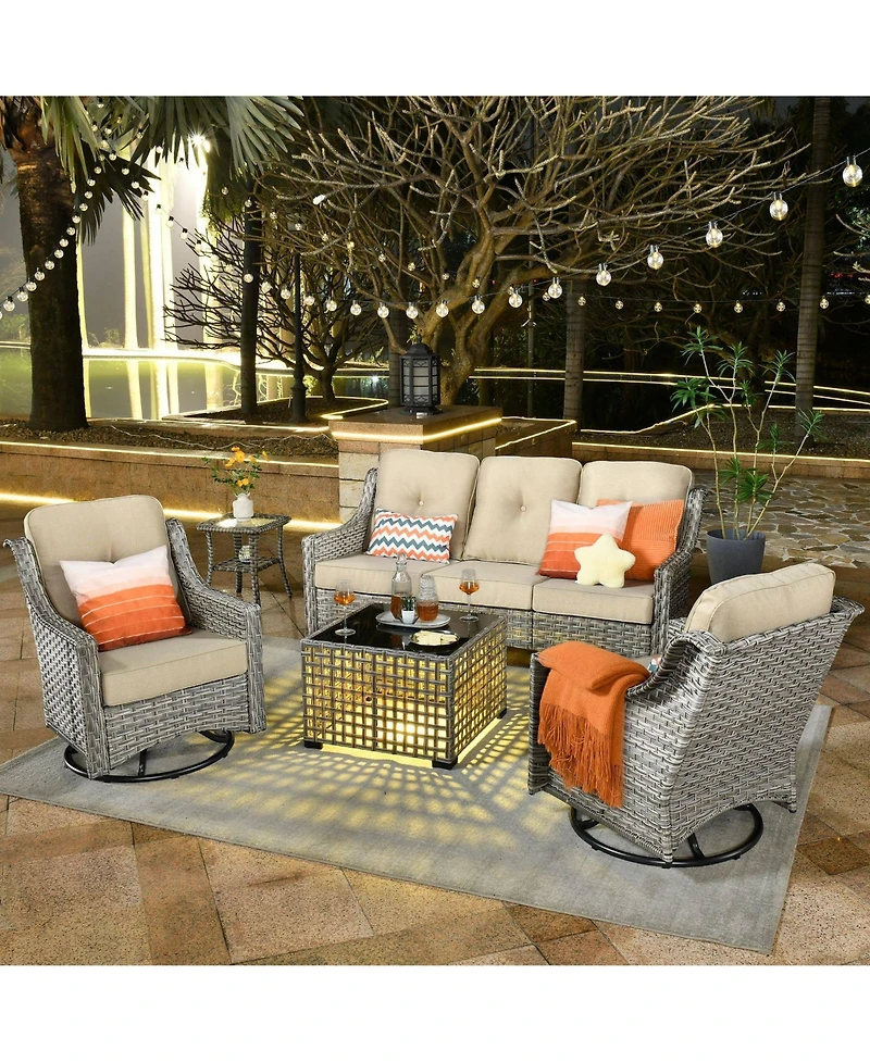 Xizzi 5 Piece Outdoor Rattan Patio Furniture Set with 3 Seat Sofa,Swivel Rocking Chairs,Solar Coffee Table,Wicker Sofa for Backyard and Porch