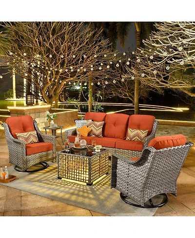 Xizzi 5 Piece Outdoor Rattan Patio Furniture Set with 3 Seat Sofa,Swivel Rocking Chairs,Solar Coffee Table,Wicker Sofa for Backyard and Porch