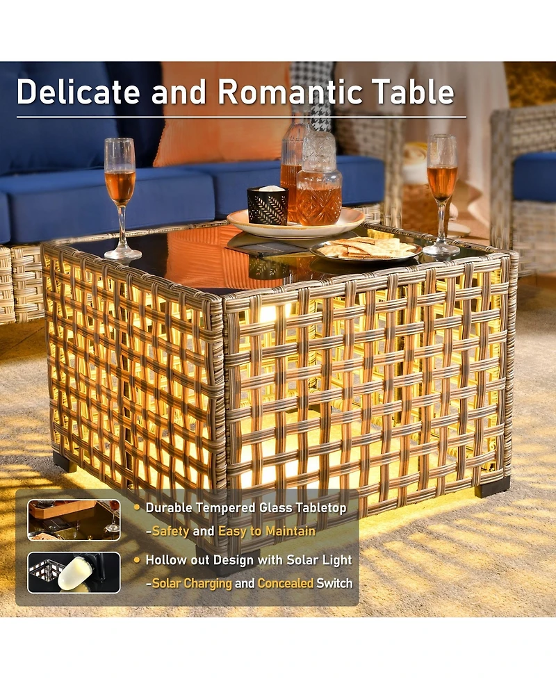 Xizzi 5 Piece Outdoor Rattan Patio Furniture Set with 3 Seat Sofa,Swivel Rocking Chairs,Solar Coffee Table,Wicker Sofa for Backyard and Porch