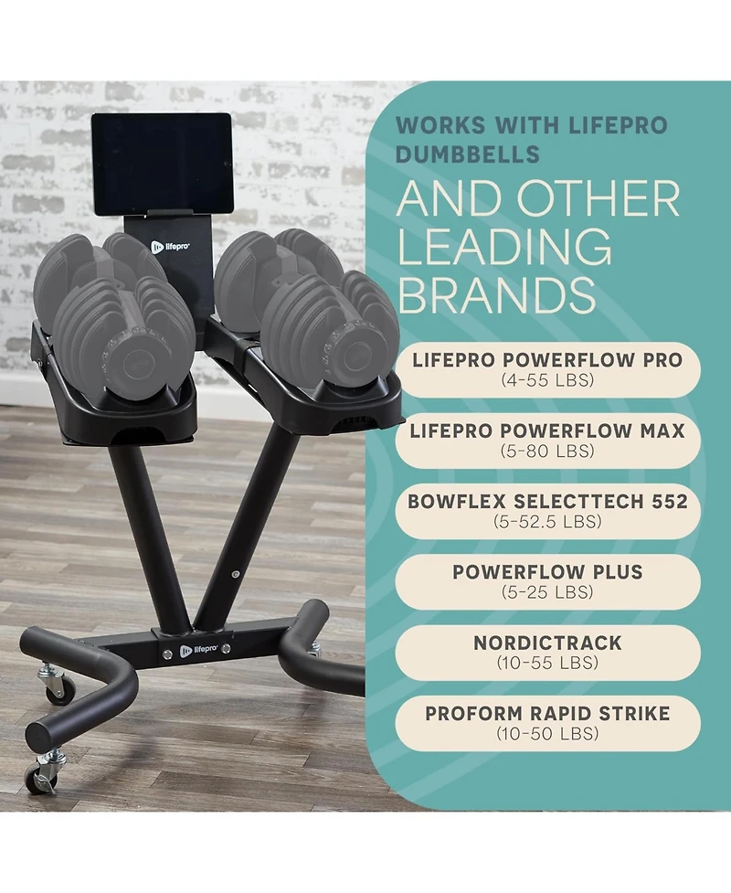 LifePro Adjustable Dumbbell Stand Rack – Compatible with PowerFlow Plus, PowerUp Plus & More – Phone Holder & Caster Wheels for Home Gym