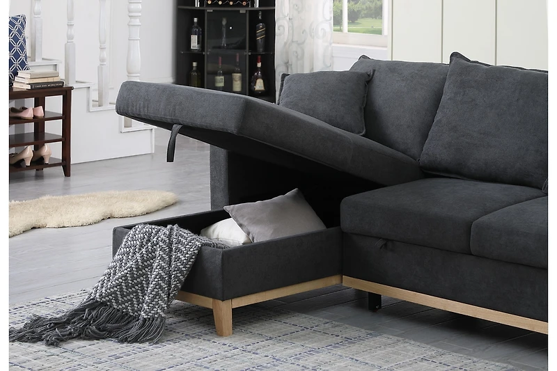 Homlux 84.25"W Dark Gray Woven Reversible Sleeper Sectional Sofa with Storage Chaise