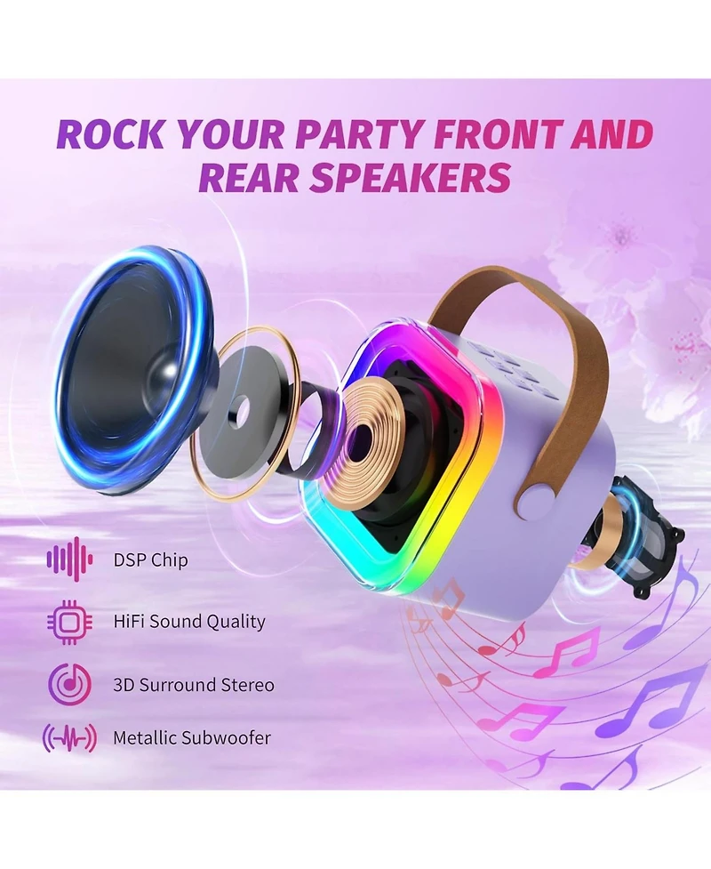 Zealsound Mini Karaoke Machine for Kids, Bluetooth Speaker with 2 Wireless Mics, Led Lights, Fun Birthday Gift for Girls & Boys, Ages 3-12+ (Purple)