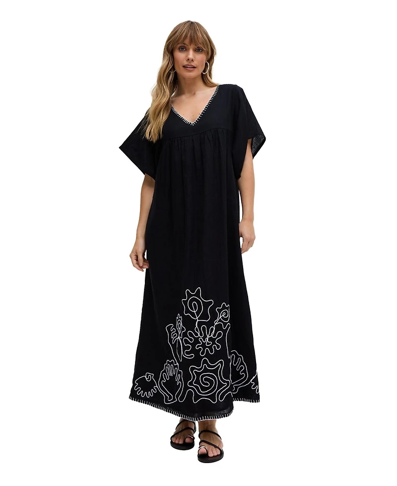 Raffya Women's Candy Tabard Embroidered Hem Midi Dress