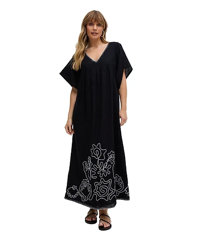 Raffya Women's Candy Tabard Embroidered Hem Midi Dress
