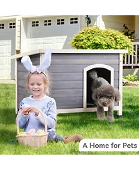 Streamdale Furniture Small Wooden Outdoor Dog House Waterproof Roof Elevated Floor Grey
