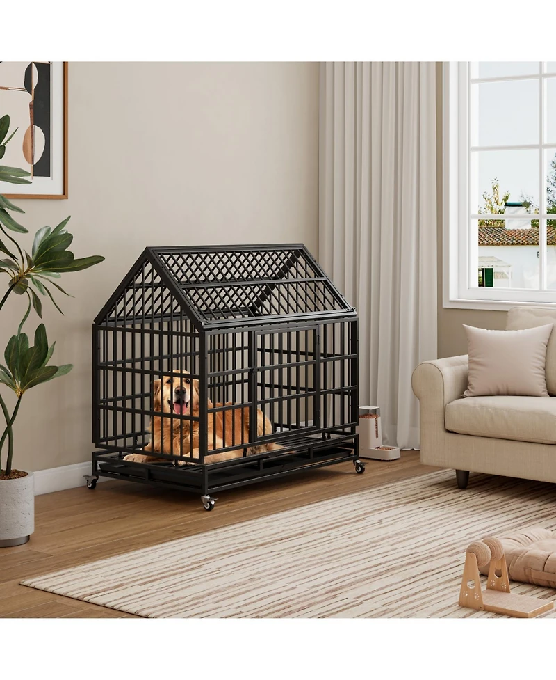 Streamdale Furniture Heavy Duty Folding Dog Crate with Wheels & Tray