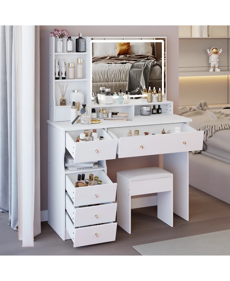 Streamdale Furniture 41" Led Vanity Table with Stool & Large Storage