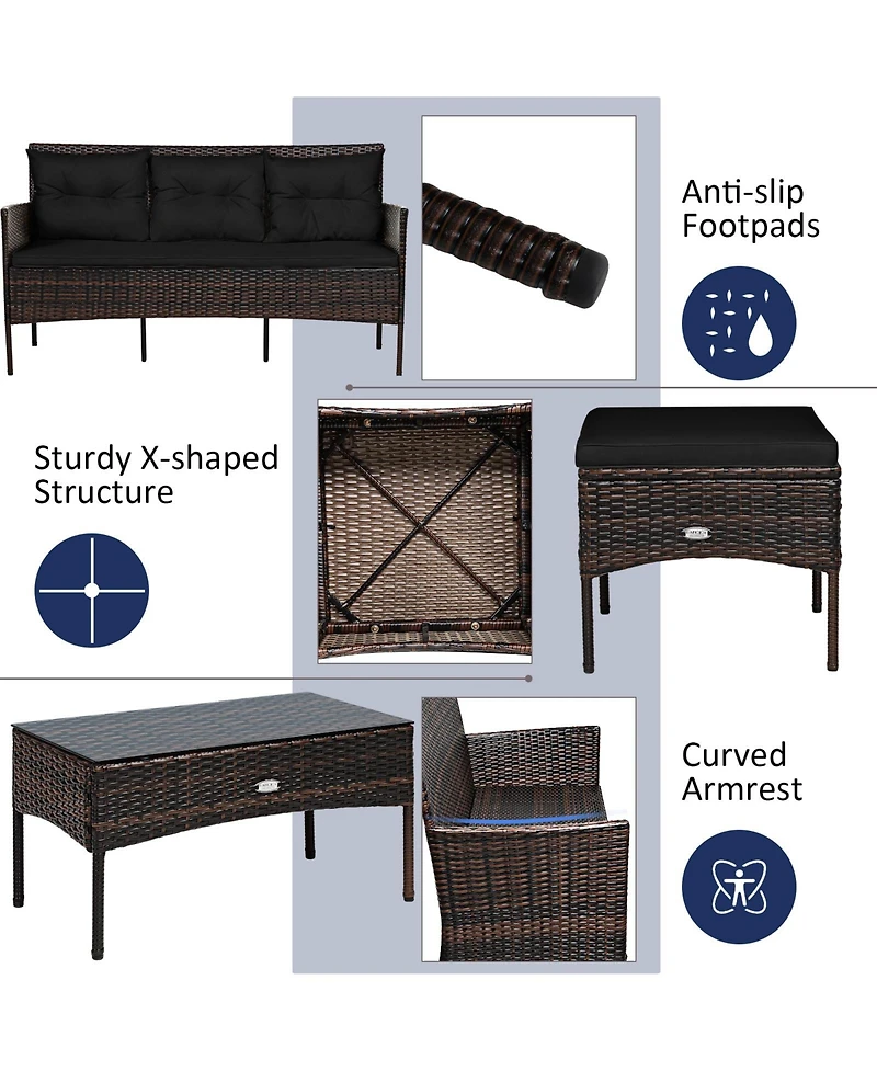 Gymax Set of 3 3-Seat Sofa Cushioned Table Rattan Furniture Garden Patio