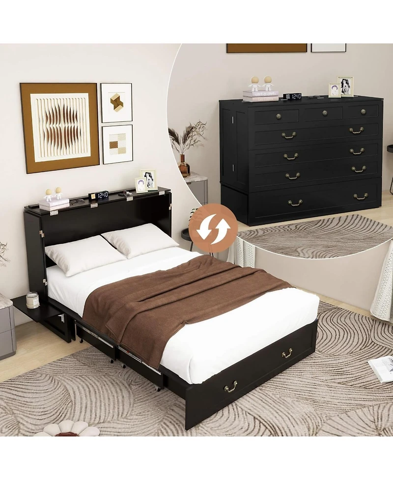 Murphy Bed Cabinet with Drawer Includes Storage Cabinet, Murphy Bed Twin Suit for Home Office or Small Room, Murphy Bed Black Twin