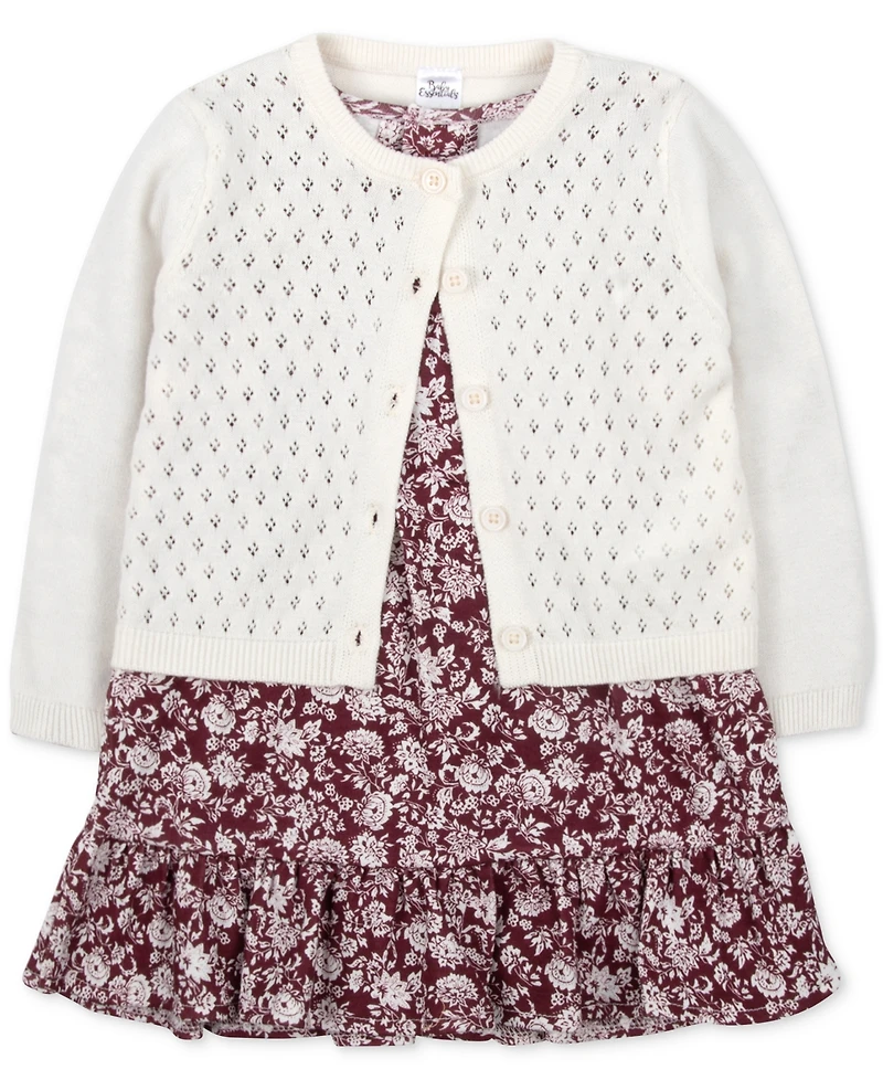 Baby Essentials Girls Cardigan, Dress & Footed Tights, 3 Piece Set