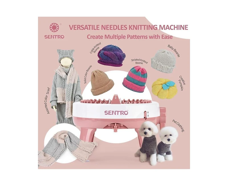 Sentro 40-Needle Knitting Machine - Pink | Make Scarves, Hats, Socks Fast | Includes Flat/Tube Key, Easy for Beginners & Kids