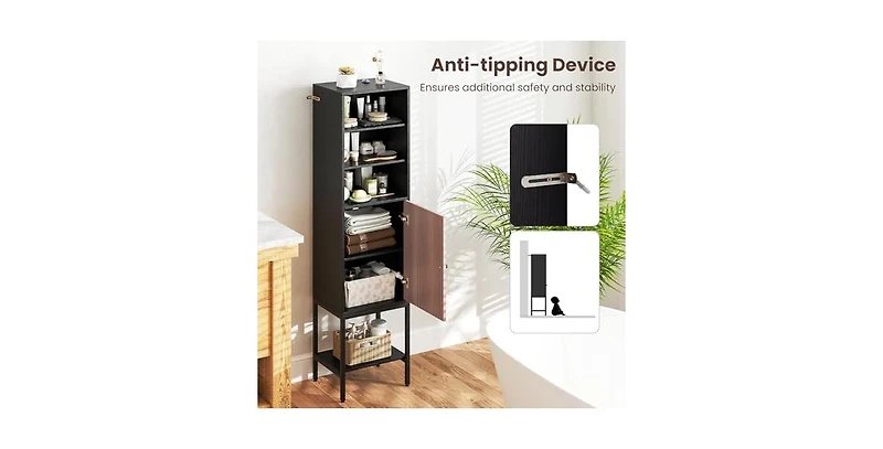 Volenca 57 Inch Bathroom Tall Cabinet with 1 Door and 4 Shelves Narrow Storage Unit with Adjustable Shelves