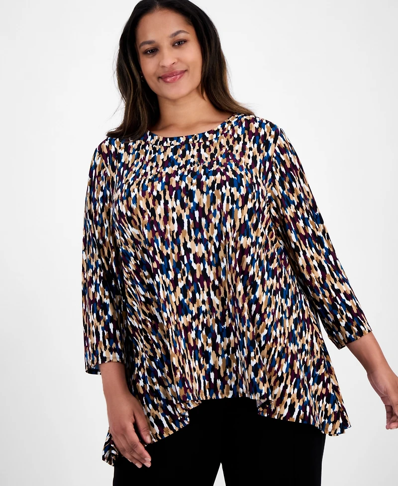 Ak Anne Klein Plus Printed Asymmetric-Hem Tunic