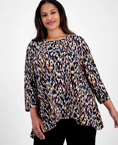 Ak Anne Klein Plus Printed Asymmetric-Hem Tunic