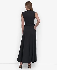 Dkny Women's V-Neck Sleeveless Belted High-Low Hem Dress
